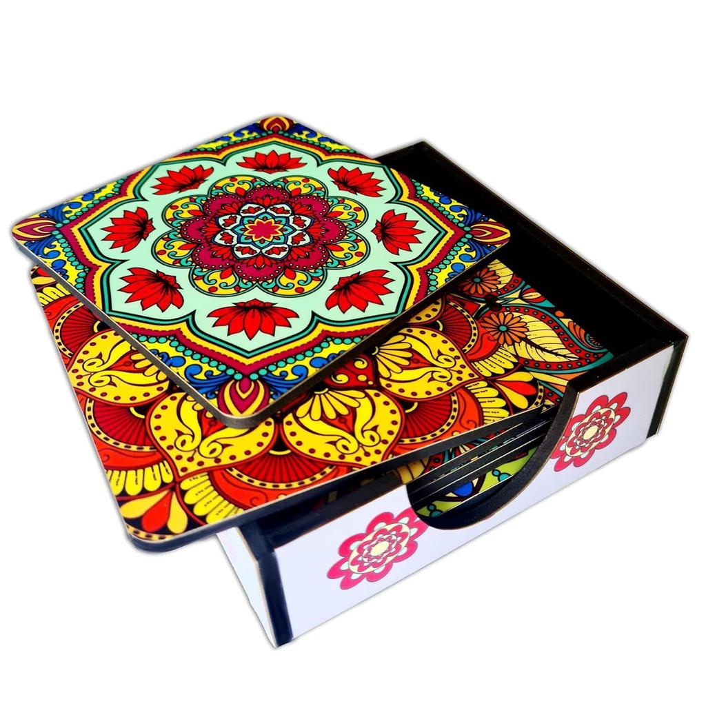 Set of 6 Mandala 4 Inch Coasters with Holder Unique Handmade Designs Square with Holder  10x10 Cm