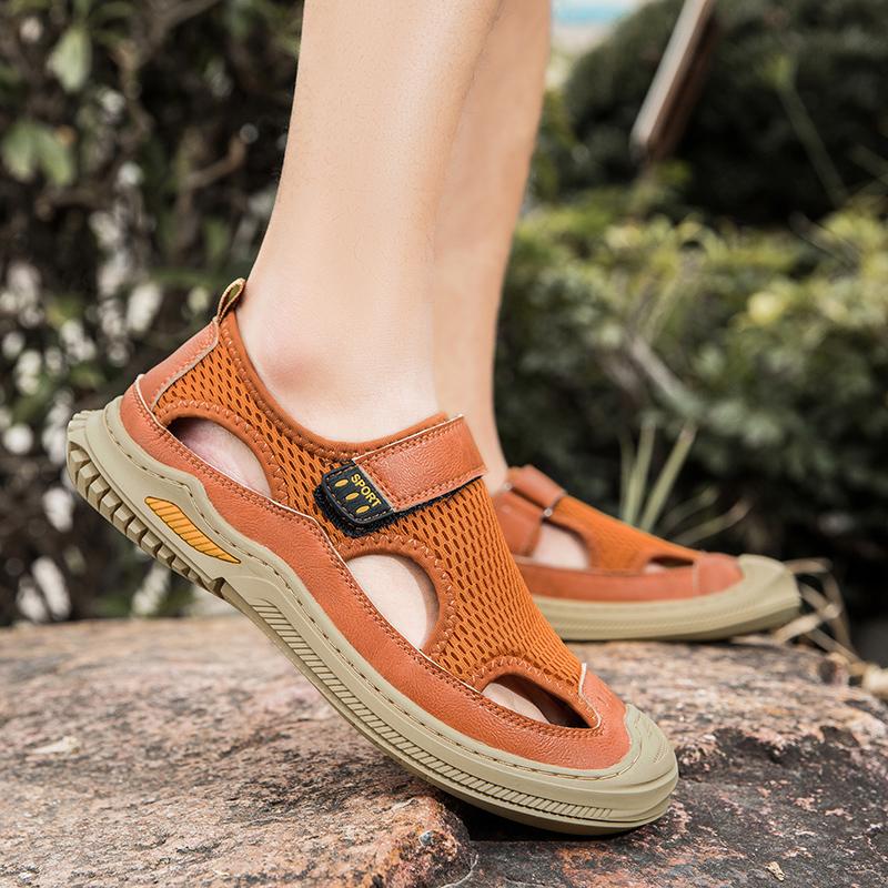 Fashion Fashion Men Mesh Training Shoes Comfort Walk Leather Sneakers 2025 Summer Hollow Breathable Flat-bottom Outdoor Leather Sandals