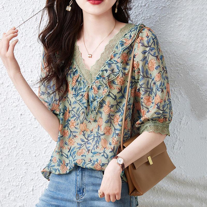 Женская шифоновая рубашка с цветочным принтом, летний красивый и стильный топ с короткими рукавами для мам