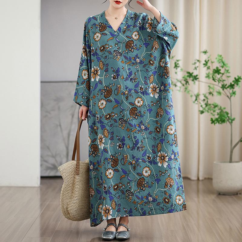 Ранняя весна отпуск стиль туризм V-образный вырез художественный ретро свободный повседневный средней длины закрытое платье
