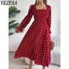 Women's Fashion Spring Fall  Polka Dot Print Long Sleeve Square Collar High Waist Casual Dresses