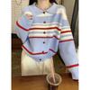 Polo Collar Button Contrasting Stripes Lazy Loose Knitted Cardigan Women's Autumn and Winter Sweater Button Top Jacket