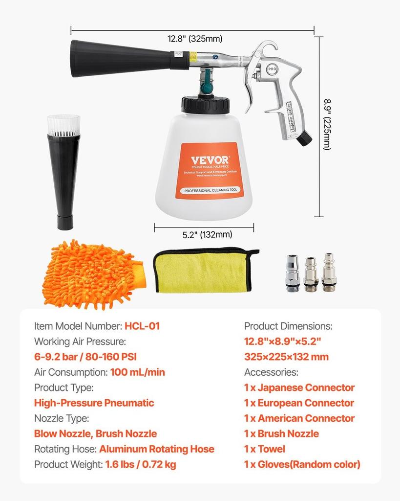 Car Cleaning Gun 6-9.2Bar High-Pressure Air Blow Gun with 1L Liquid Bottle