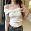 French Style Bow Detail Short Sleeve T Shirt Women Summer Cotton Ribbed Fabric Round Neck Blouse