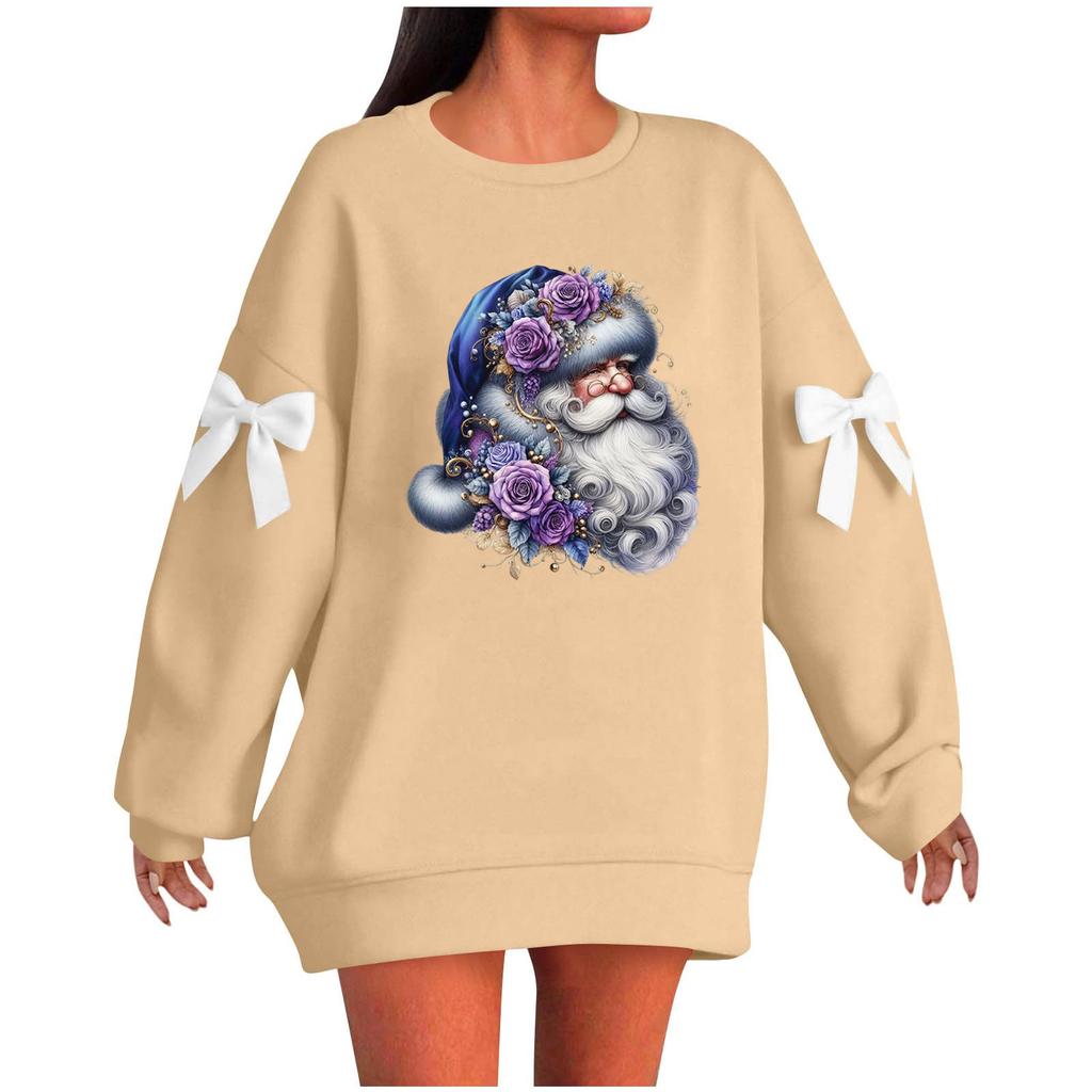 Ladies' Christmas Printed Bow Round Neck Long Sleeved Loose Pullover Sweater Sweatshirt Top