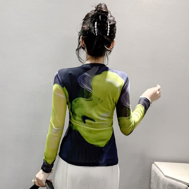 Женская осенняя одежда с длинным рукавом, сетчатые топы, футболка с принтом и цветными вставками, модная осенняя одежда, базовая рубашка