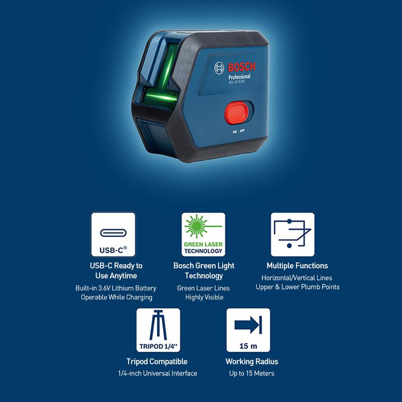 Bosch Лазерный уровень GCL 15-12 XG Комбинированный точечный и линейный лазерный уровень с зеленым лучом