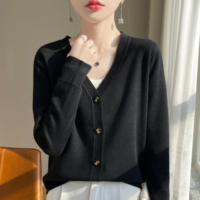 Весенне-осенний нежный ветровой шерстяной кардиган с v-образным вырезом, свитер, женский простой свободный однотонный вязаный жакет