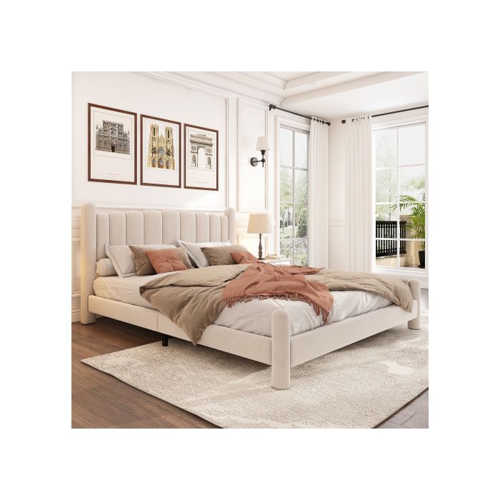 Lit capitonné - 160x200 cm - Velours beige - Tête de lit élégante - Sommier à lattes inclus