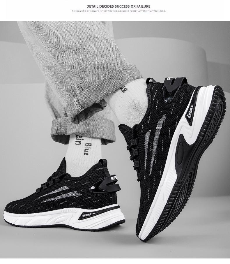 Мужские беговые кроссовки с скрытой танкеткой 8 см, Flyknit, на толстой платформе, с сетчатым верхом, белые.