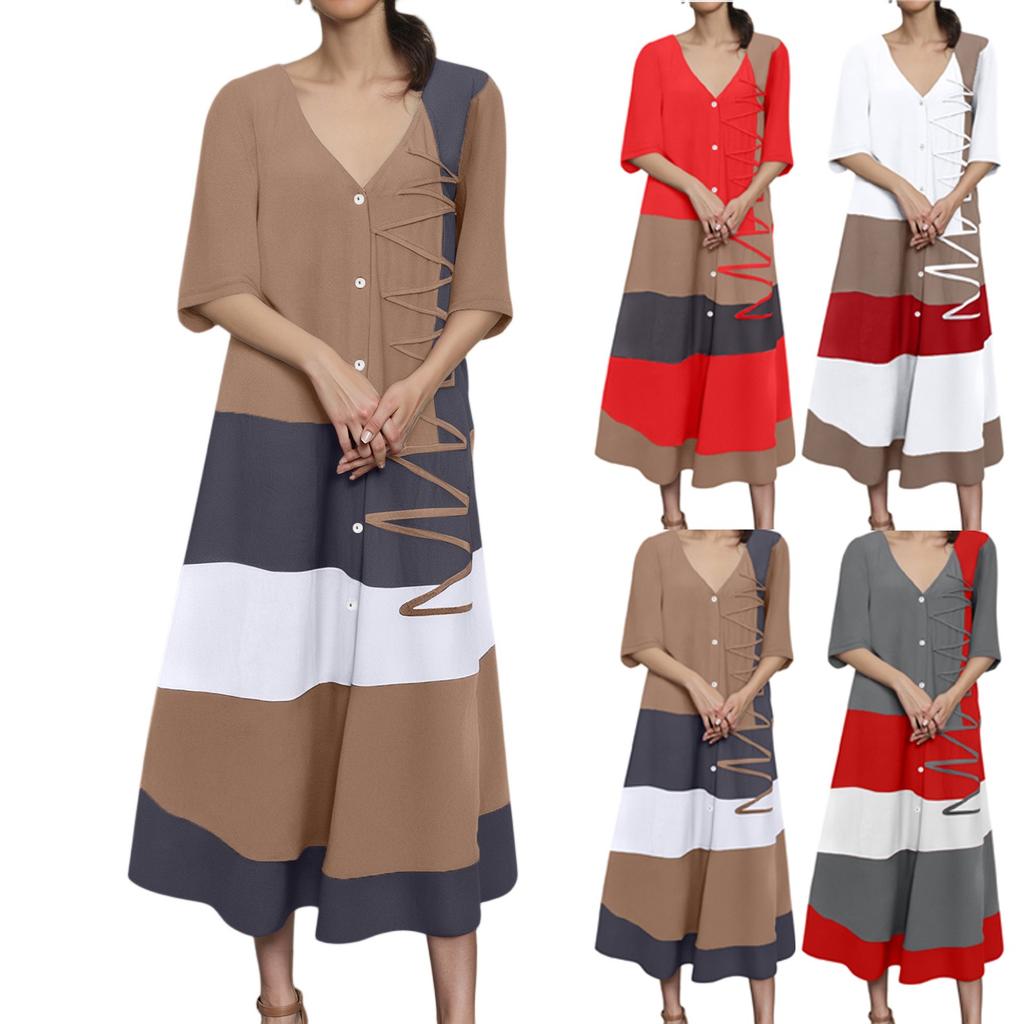 Женское модное платье с V-образным вырезом, короткими рукавами, пуговицами, повседневное, с принтом, длинное