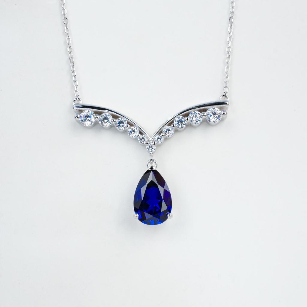 V-shaped S925 Sterling Silver Pendant Necklace with Cubic Zirconia & Sapphire Water Drop for Evening Wear and Birthdays