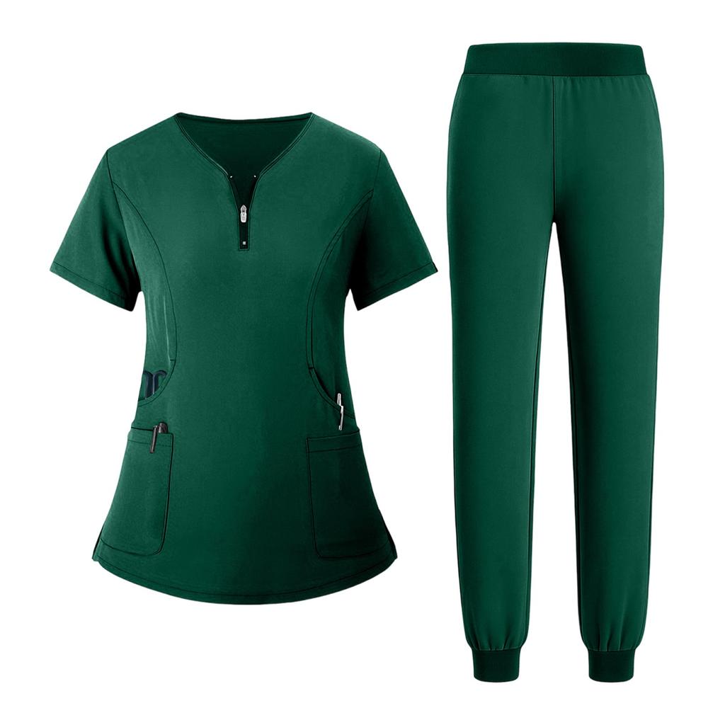 Women's Uniform Quick Drying Fabric Solid Color V-neck Zipper Pocket Short Sleeved Pants Set Caregiver Set