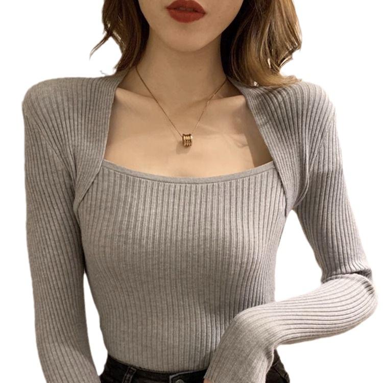 Свитер с квадратным вырезом, базовая рубашка для женщин, внутренний слой для осени и зимы, облегающий и утягивающий, универсальный трикотажный свитер