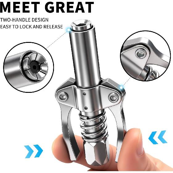 12000 PSI High Pressure Grease Gun Coupler, 1/8" NPT Dual Handle Lock-On Head, Leak-Proof Universal Coupler Fits Standard & Metric Zerk Fittings for