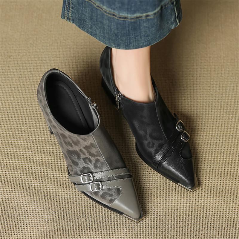 Fashion New Spring Genuine Leather Women Pumps Shoes for Women Fashion Leopard Print Buckle Pointed Toe Loafers Shoes Women High Heels