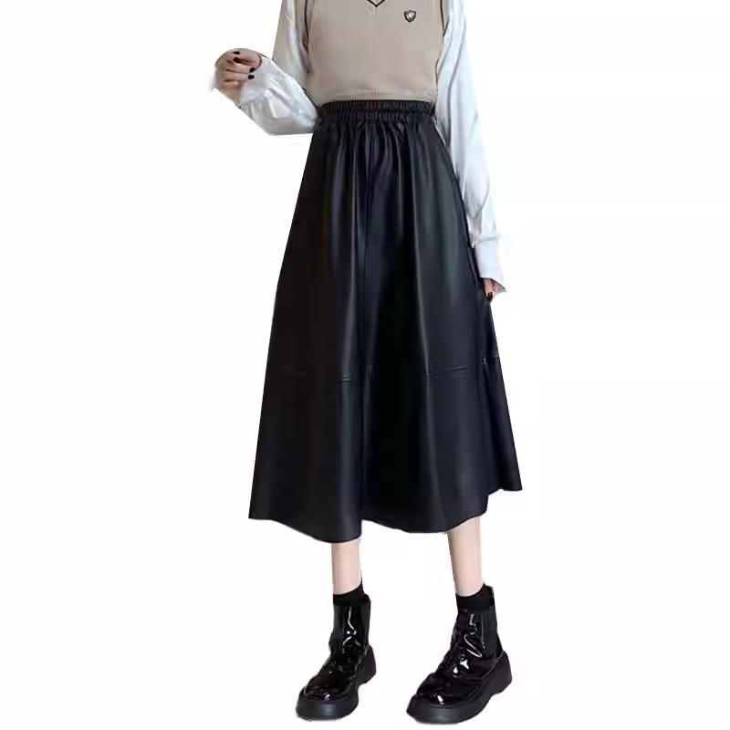 2024 High Waist A-line Leather Midi Skirt for Women - Autumn/Winter Slimming Umbrella Skirt
