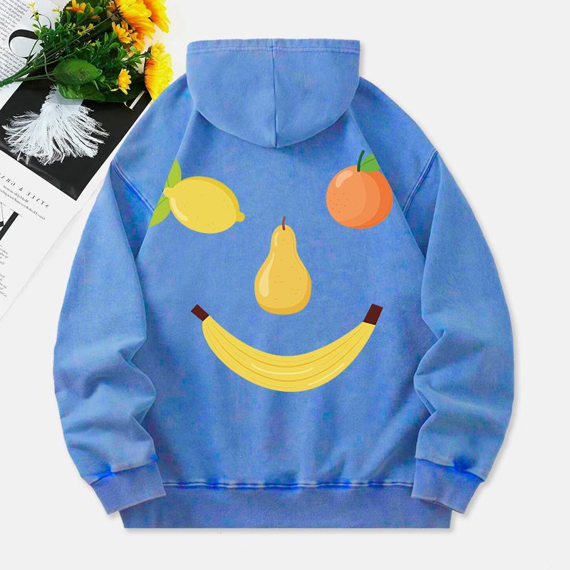 Fruit Smiling Face Washed Hoodies Women Funny Design Printing Cotton Hooded Oversize Pocket Warm Womans Clothes
