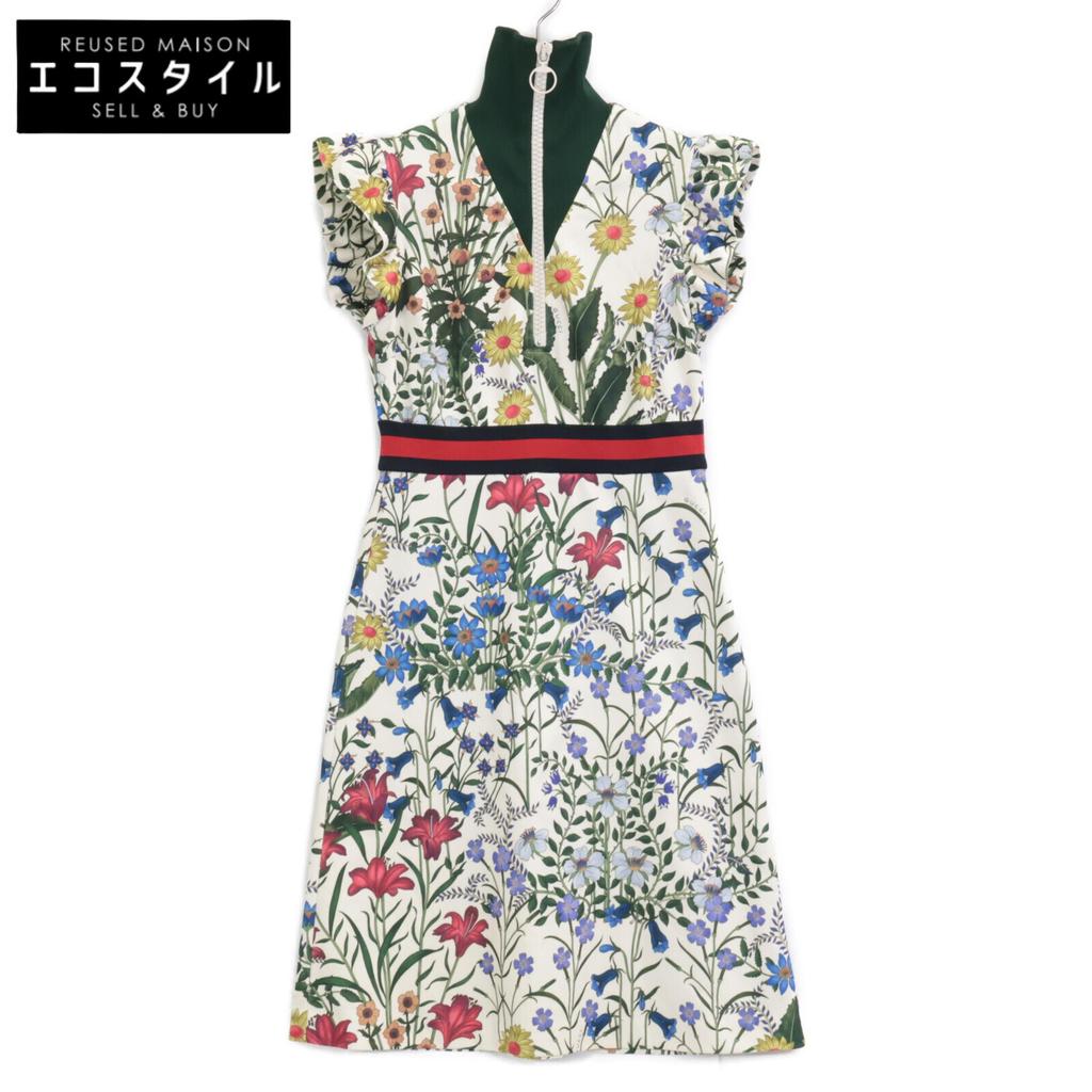 Gucci 479538 17AW White Flower Print Frill Leaf Jersey Dress Dress XS green/whiteUsed