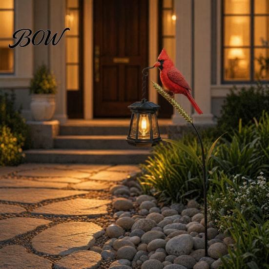 Outdoor Cemetery Lantern Metal Red Bird Garden Stake Lamp, Vintage for Yard Patio, Candle Lamp Rustic Ornament, Decorative Tribute Light