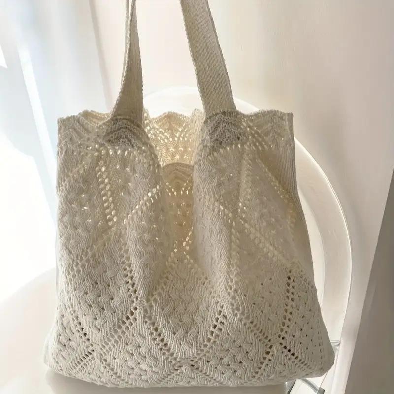 Yogodlns Minimalist Knit Shoulder Bag Boho Crochet Handbag Vintage Lace Hollow-Out Purse for Women Casual Crossbody Underarm Bag