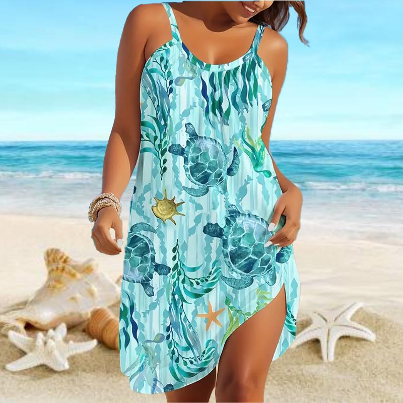 Пляжная одежда Мини-платье с принтом Повседневное современное платье без рукавов Свободный крой Повседневная эксклюзивная женская юбка-камисоль с принтом черепахи Лето