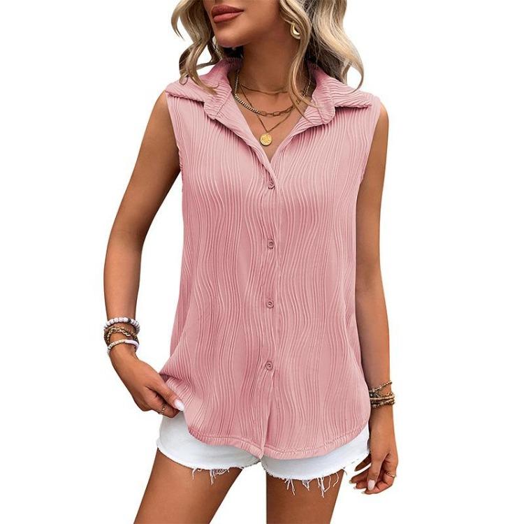 Summer Women Solid Color Lapel Sleeveless Button Blouse Shirt Top