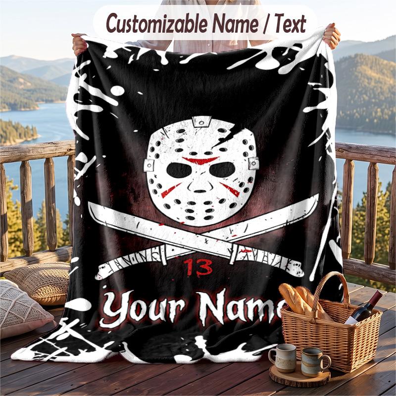 Custom Text Flannel Throw Blanket, Lightweight Cozy Bed Sofa BlanketFriday the 13th Jason Voorhees