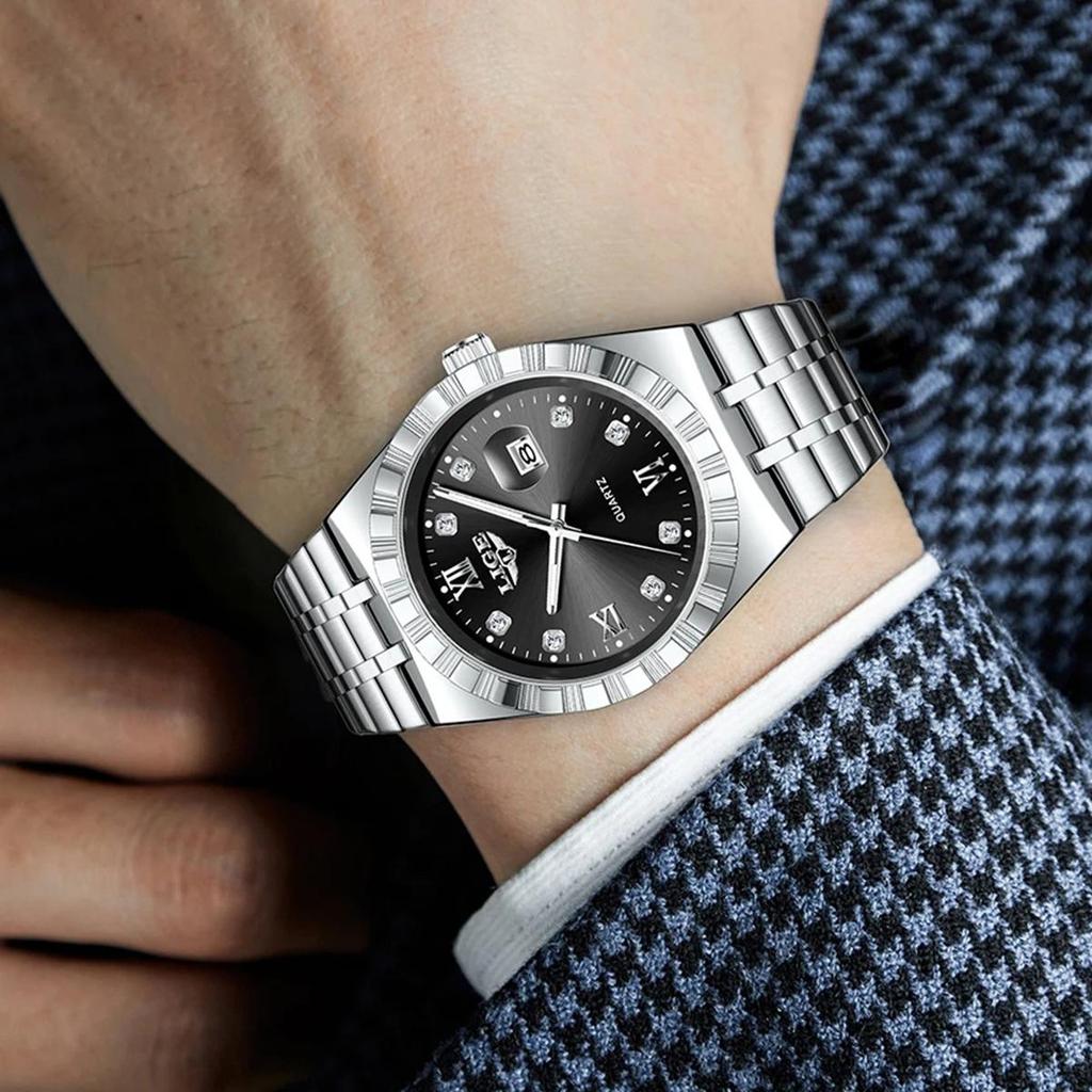 Мужские Модные Деловые Часы Мужские Спортивные Черные из Нержавеющей Стали Роскошные Светящиеся Водонепроницаемые Мужские Кварцевые Часы