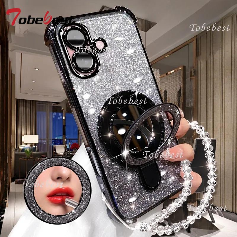 Для iPhone 16 16E 15 14 13 12 11 Pro XS Max X XR Чехол с блестящим покрытием, зеркалом для макияжа, магнитным держателем для телефона, браслетом-крышкой