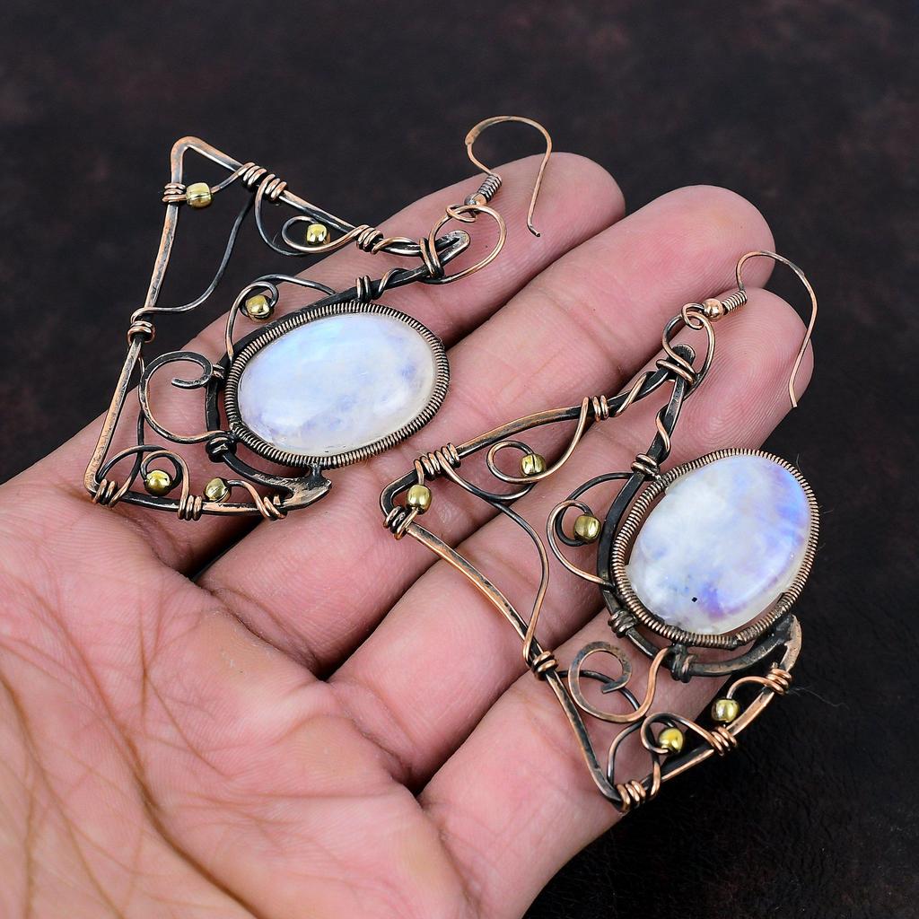 Серьги с радужным лунным камнем, серьги с медной проволокой, серьги ручной работы, ювелирные изделия с проволочной оберткой, серьги с настоящими драгоценными камнями, медные украшения, подарок для нее