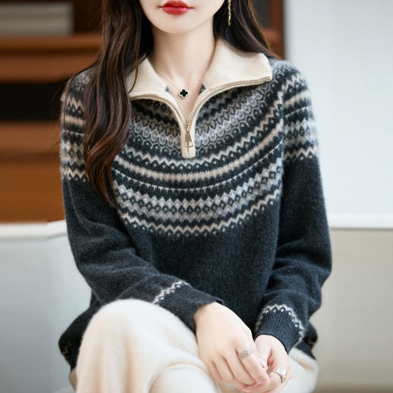Women's Fair Isle Jacquard Wool Sweater - Stand Collar, Half-Zip, Thickened Autumn/Winter Pullover.