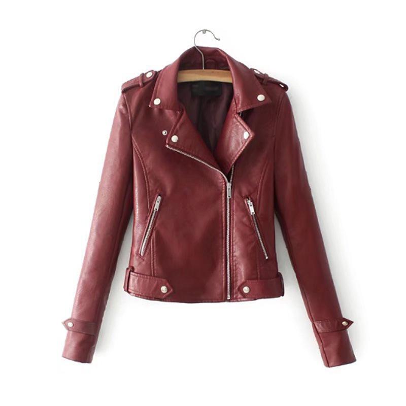 Faux Leather Jacket Women Zip Belt Coats Black PU