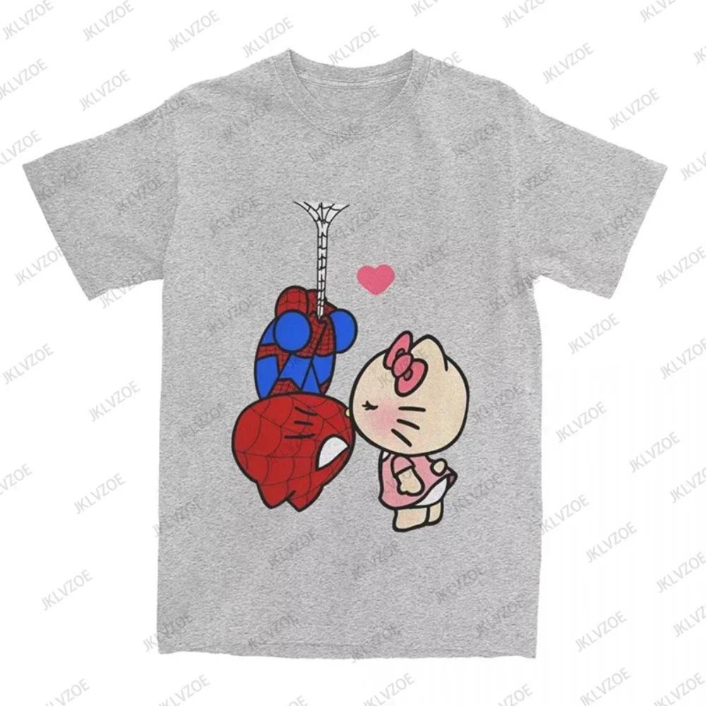 Летняя мультяшная хлопковая футболка с принтом Hello Kitty и Человека-паука для женщин и мужчин, с коротким рукавом и круглым вырезом, повседневная модная футболка в стиле харадзюку Y2K