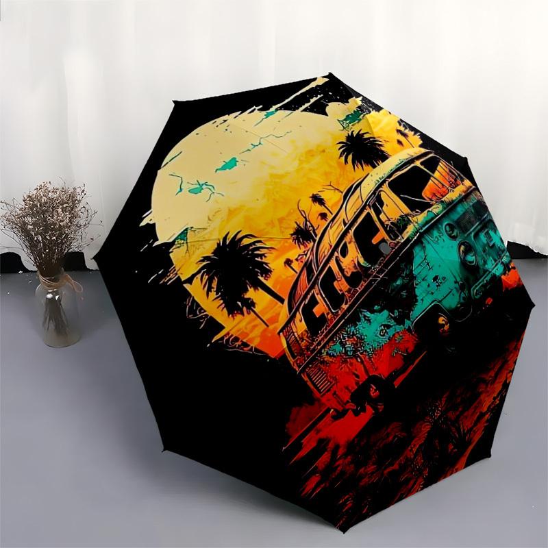 1pc Vibes: Retro Van Sunset Palm Trees Umbrella with Plastic Handle,Suitable for All Seasons Home Travel Outdoor UmbrellaDD896