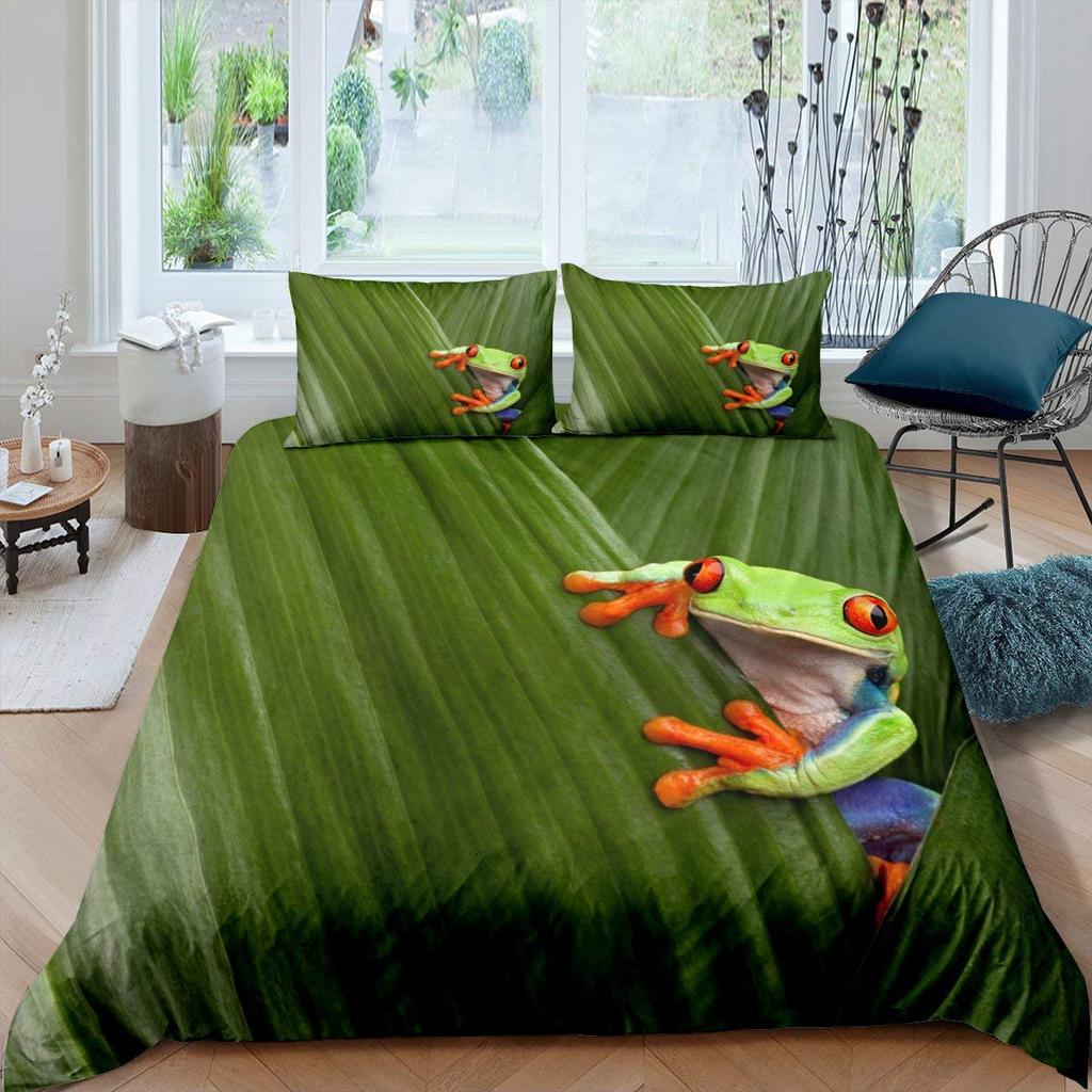 3D Frog Family King Queen Пододеяльник Маленький древесный лягушонок Комплект постельного белья Тропическая природа Животное Пододеяльник Полиэстеровый чехол