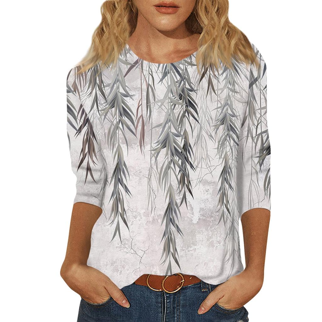 Women's Summer Fashion Casual Seven Quarter Sleeves Floral Printed Round Collar High Quality Pullover Top Female Clothes