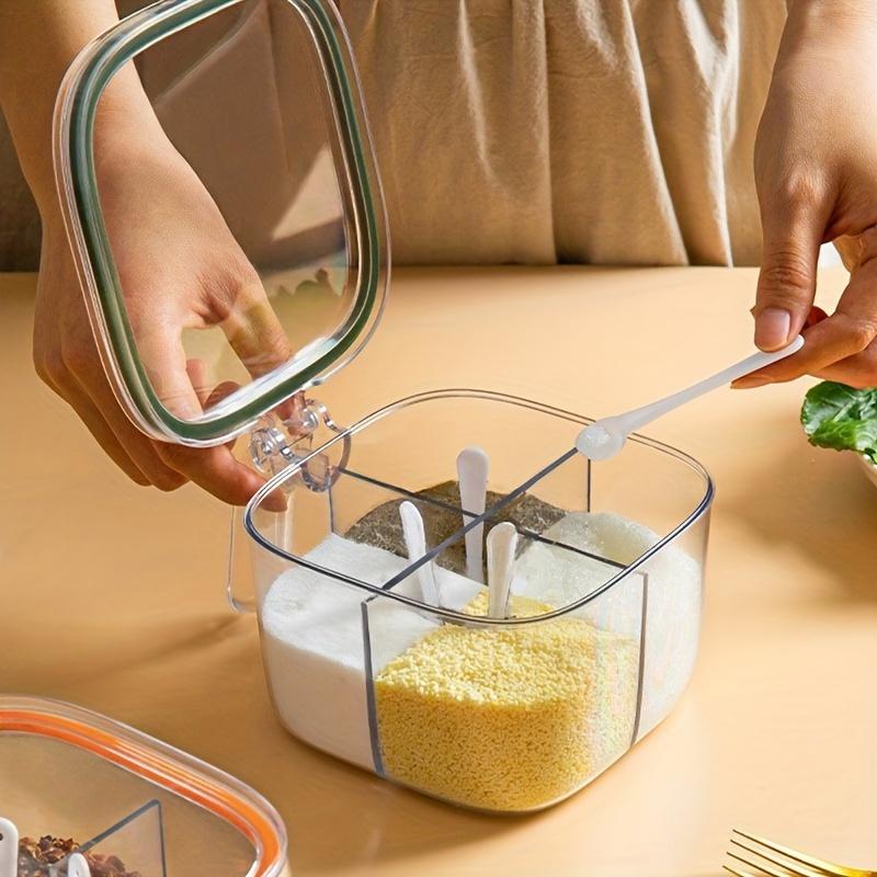 1pc Four-Compartment Integrated Spice Storage Box with Lid - Transparent Plastic Kitchen Organizer for Salt, Pepper, Sugar & Herbs