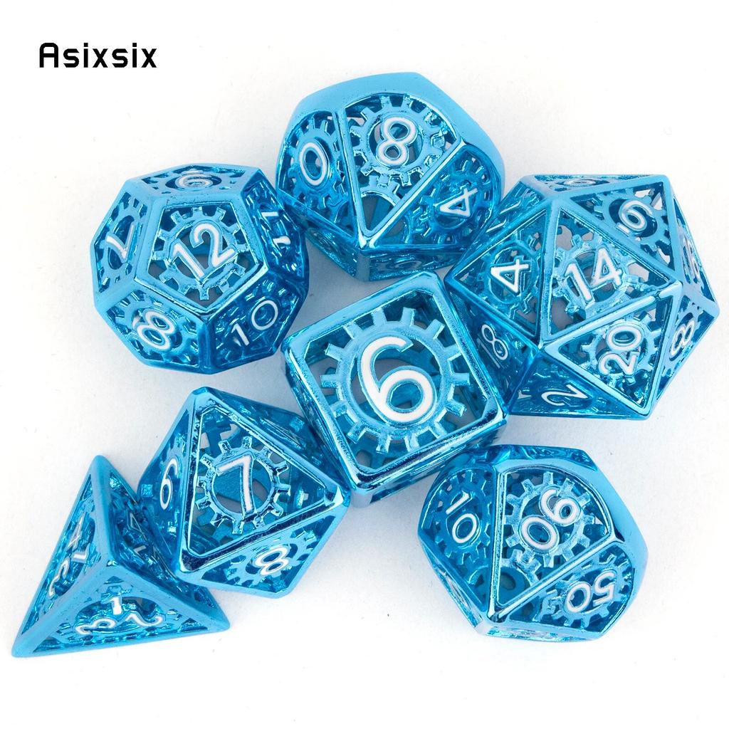 7 Pcs Blue White Gear Wheel Metal Dice Hollow Metal Polyhedral Dice Set Suitable for Role-Playing RPG Board Game Card Game