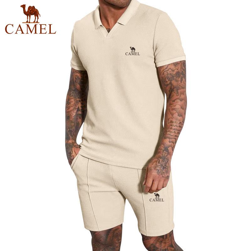 2024 Summer New Embroidered Men's Waffle V-neck Short Sleeved Shorts Two Piece Set with Polo Collar