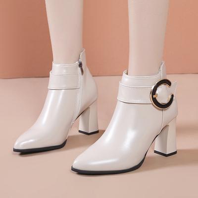 Новые женские модные ботильоны Осень-Зима 2025, ботильоны на высоком каблуке с острым носком, с металлической пряжкой и боковой молнией, на массивном каблуке