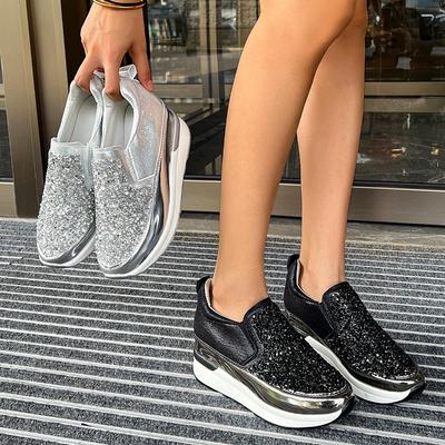 Модные слипоны-лоферы Весна Лето Тонкие Модные Универсальные Дышащие С пайетками Сетчатые Пустяковые Платформа Внутреннее увеличение высоты Женская обувь