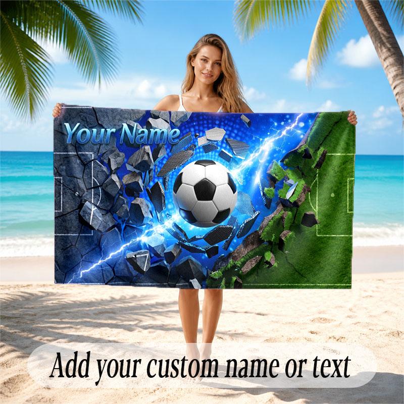 Soccer Theme Beach Towel Personalized Custom Name & Text Soft Quick Dry Beach Towel for Swimming Travel