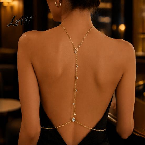 Thin Body Chain Rhinestone Waterdrop Back Chain, Bridal Wedding Backless Dress Backdrop Women Waist Necklace, Adjustable Sexy Jewelry for Tassel