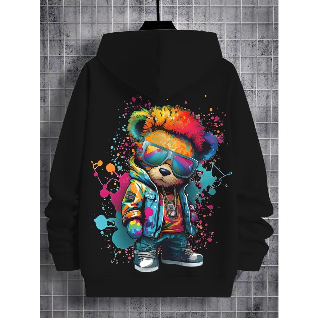 Худи для мальчика с 3D-принтом в виде медведя - красочный пуловер с длинными рукавами с животным узором, машинная стирка