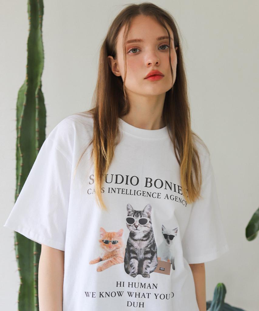 BONIEE Cia Cat Kitten Cat Graphic Loose Oversized T-Shirt White