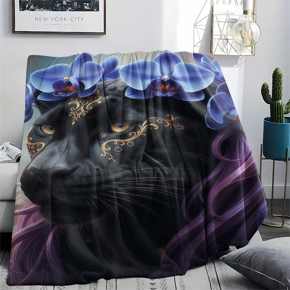 1Pc Animalswearingflowers Print Flannel Blanket, High quality Comfortable for All Seasons, Home Decor, Warmth and Comfort, Perfect for Christmas Gifts