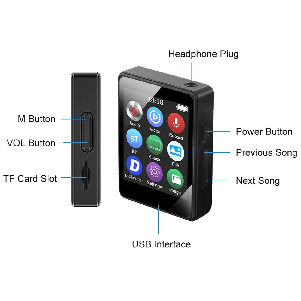 1.8 Inch HiFi MP3 Player Bluetooth MP4 Video Player FM Radio Ebook Audio Recording Walkman Portable Deep Bass Mini Mp3 Player