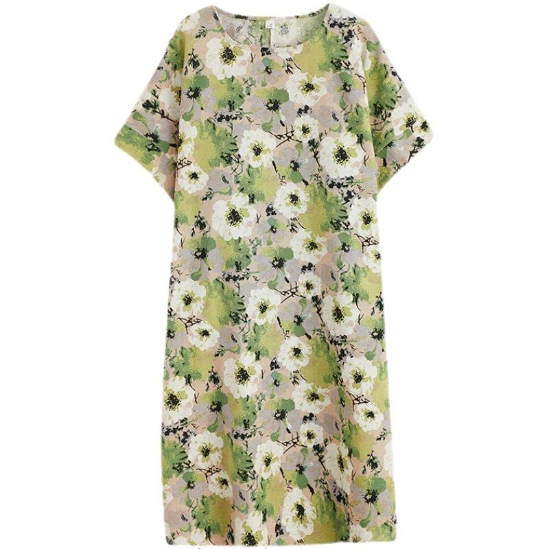 Летнее свободное облегающее хлопковое льняное художественное ретро платье с короткими рукавами средней длины