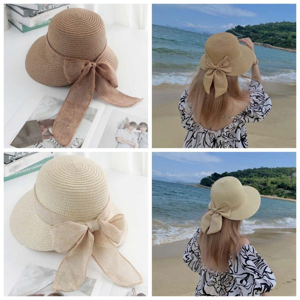 Portable Big Brimmed Woven Cap Breathable Bow Fisherman Cap Straw Weaving Beach Hat  Seaside
